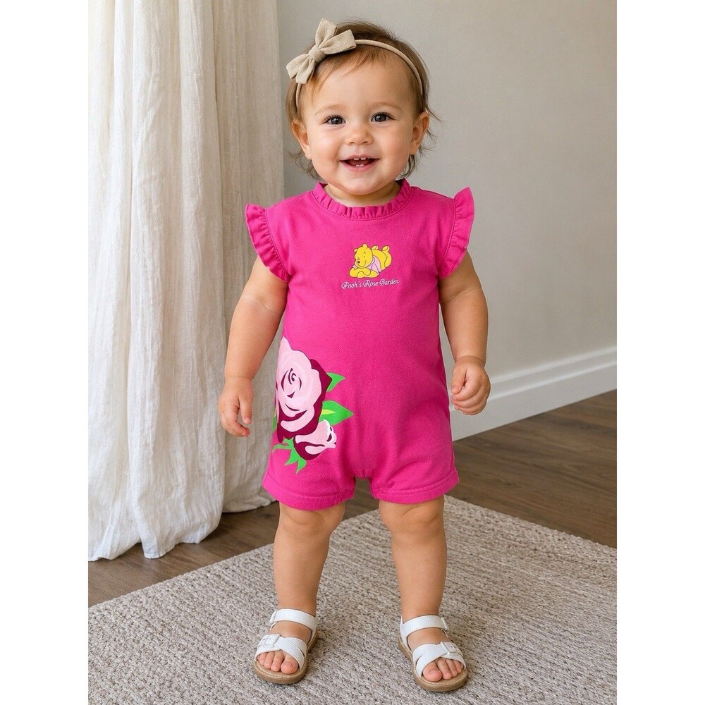 Vintage Disney Winnie the Pooh Rose Garden Pink Romper Ruffle Girls 18 Months